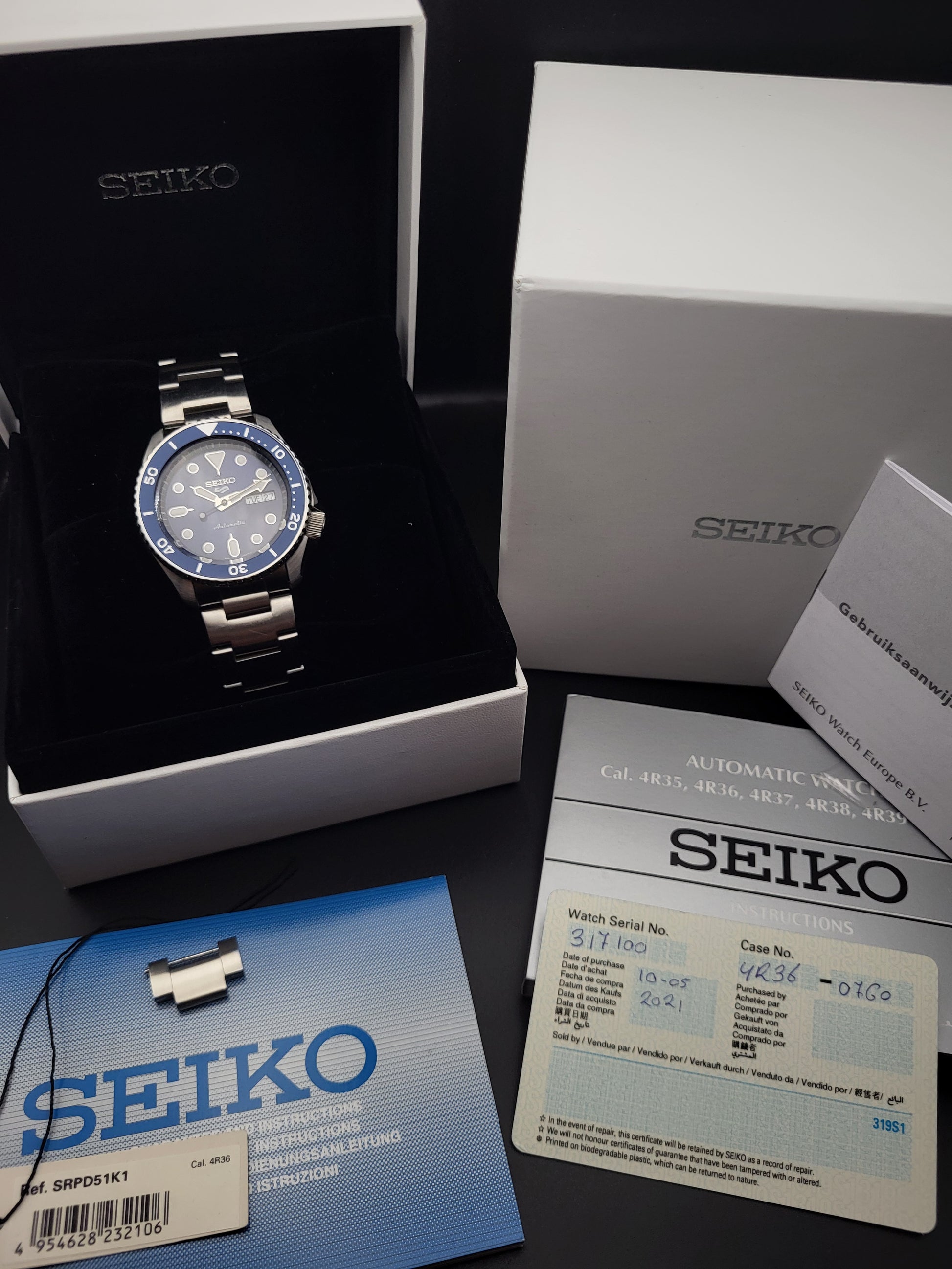 Seiko 5 SRPD51 - 4R36-07G0 - Full Set - Automaat - Blauw - Red Robin Watches